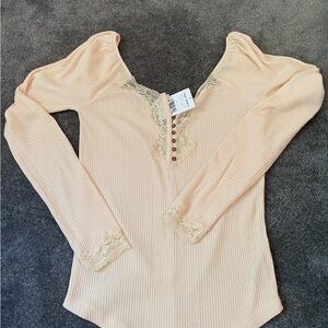 Free People Cream Long Sleeve Top with Lace Detail
